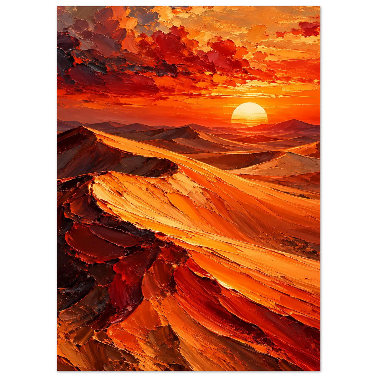 Poster: Nahe Dünenansicht im Sonnenuntergang, orangegelbes Licht und helle Sonne