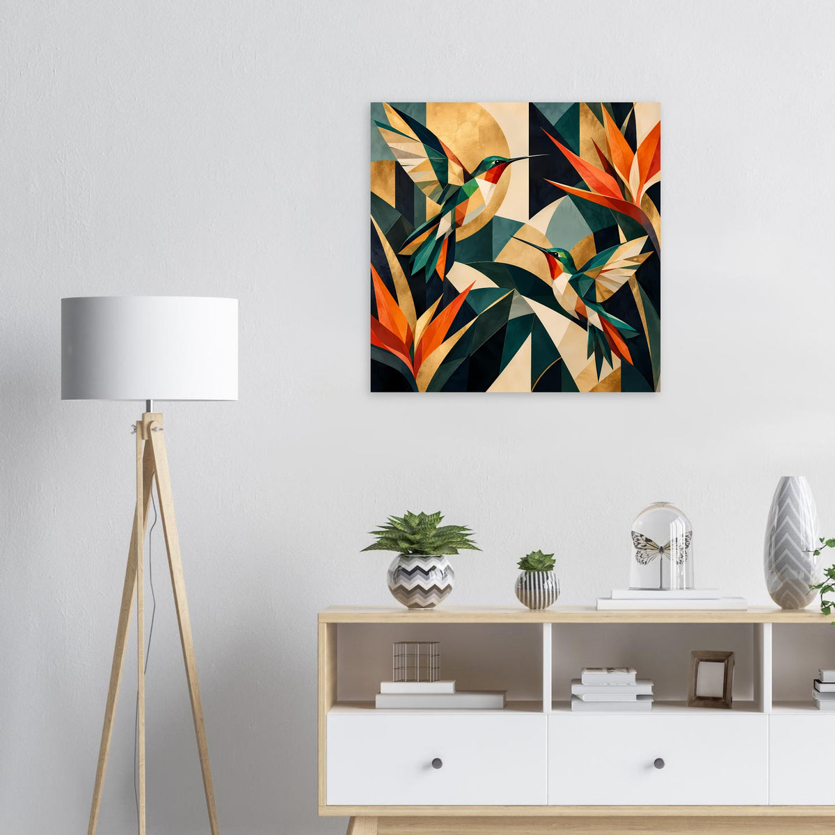 Quadratischer Kunstdruck mit geometrischen Kolibris in Juwel-Tönen, buntes Muster