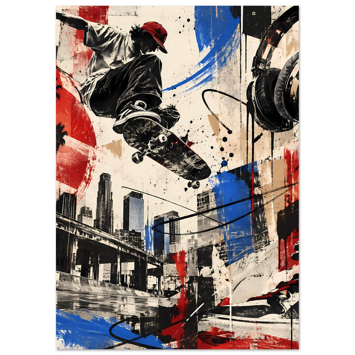 Wandposter mit Skater-Silhouette und Spritzern, urbane Kulisse in Rot, Blau und Schwarz