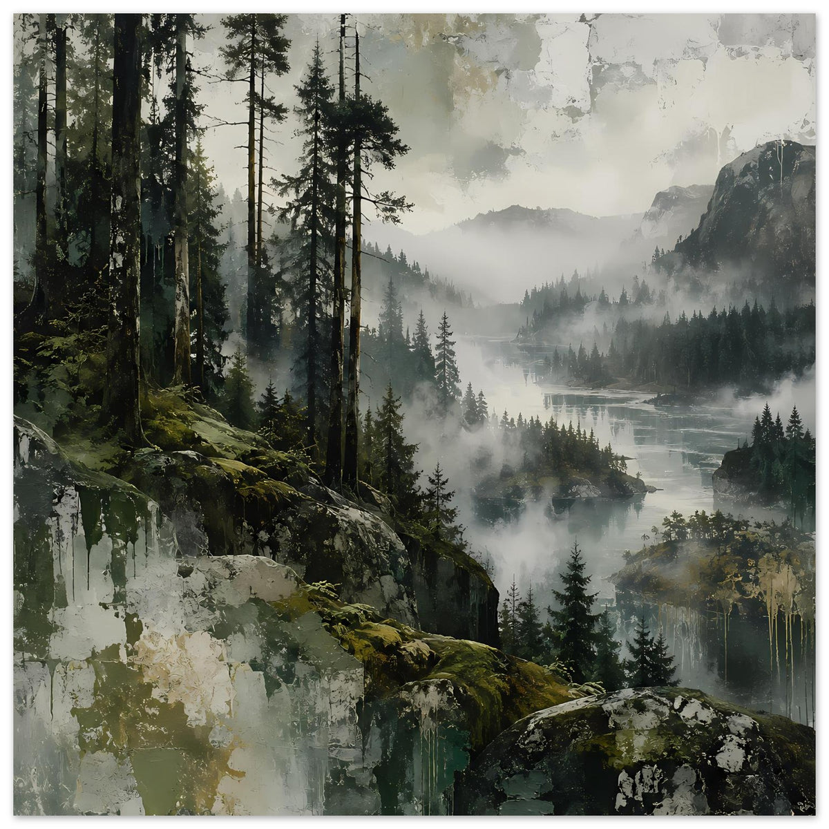 Vertikales Poster Waldlandschaft: Nadelwald, Nebel, Fluss, Felsberg im Hintergrund