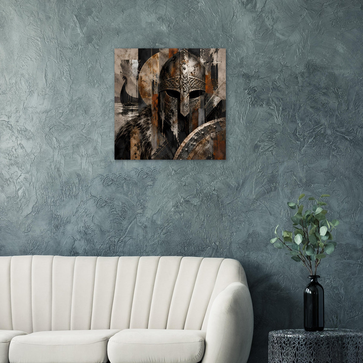 Wiking-Krieger-Poster mit Helm und Schild in dunklen Braun- und Grautönen