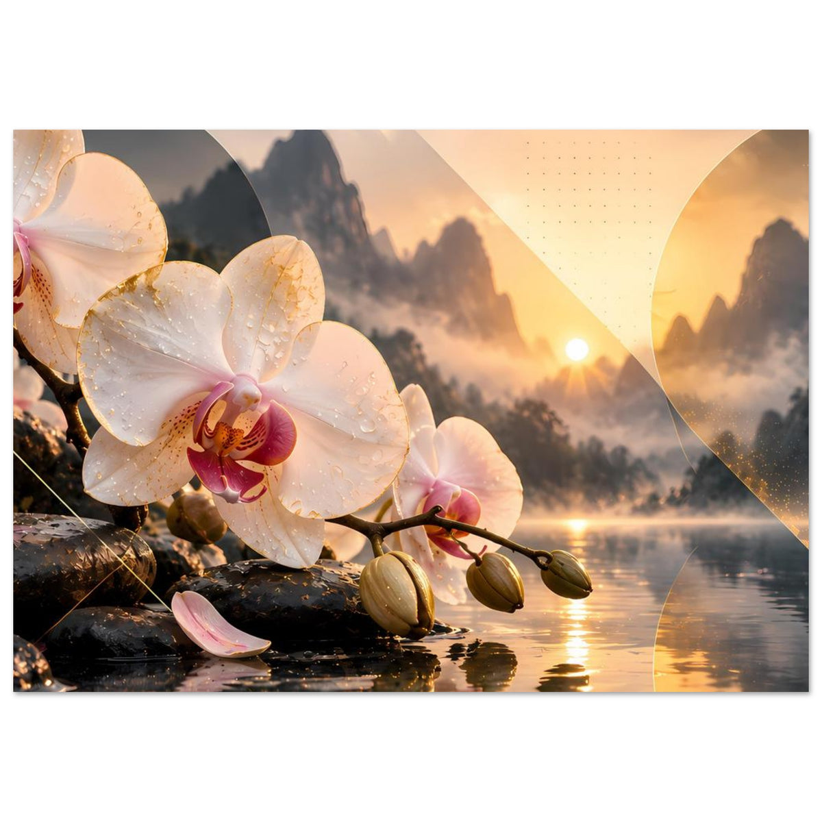 Vertikales Blumenposter mit weißen Orchideen und gelbem Lichtschein über einer Berglandschaft