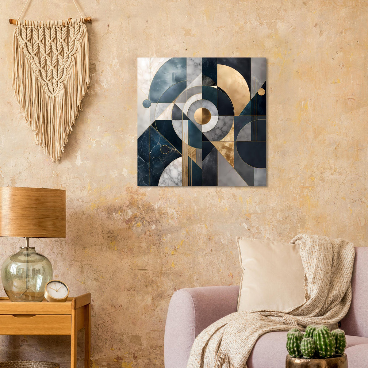 Quadratisches Kunstposter mit abstrakten Geometrien in Blau, Grau und Gold
