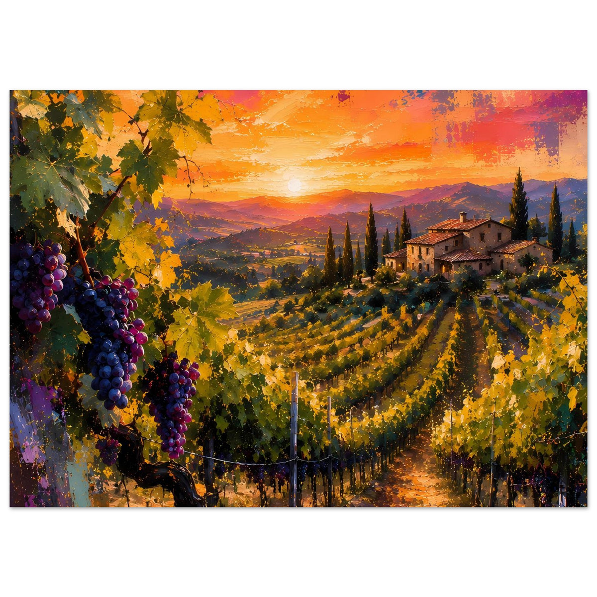 Horizontales Poster: Weinberge mit Landhaus rechts und Weintrauben links, Sonnenuntergang