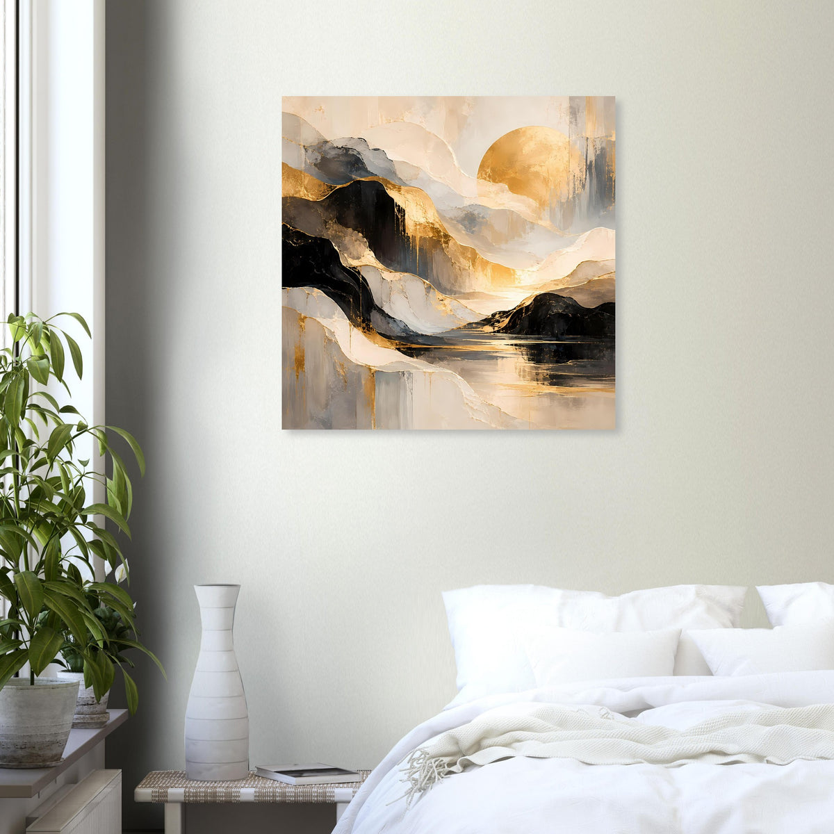 Abstraktes Kunstposter mit gold-schwarzem Landschaftsmotiv und sichtbaren Pinselstrichen, gerahmt