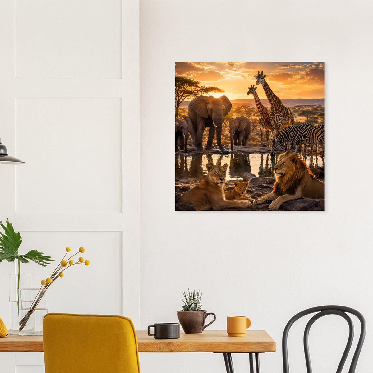 Poster mit afrikanischen Wildtieren: Elefanten, Giraffe, Zebra und Löwe an der Tränke