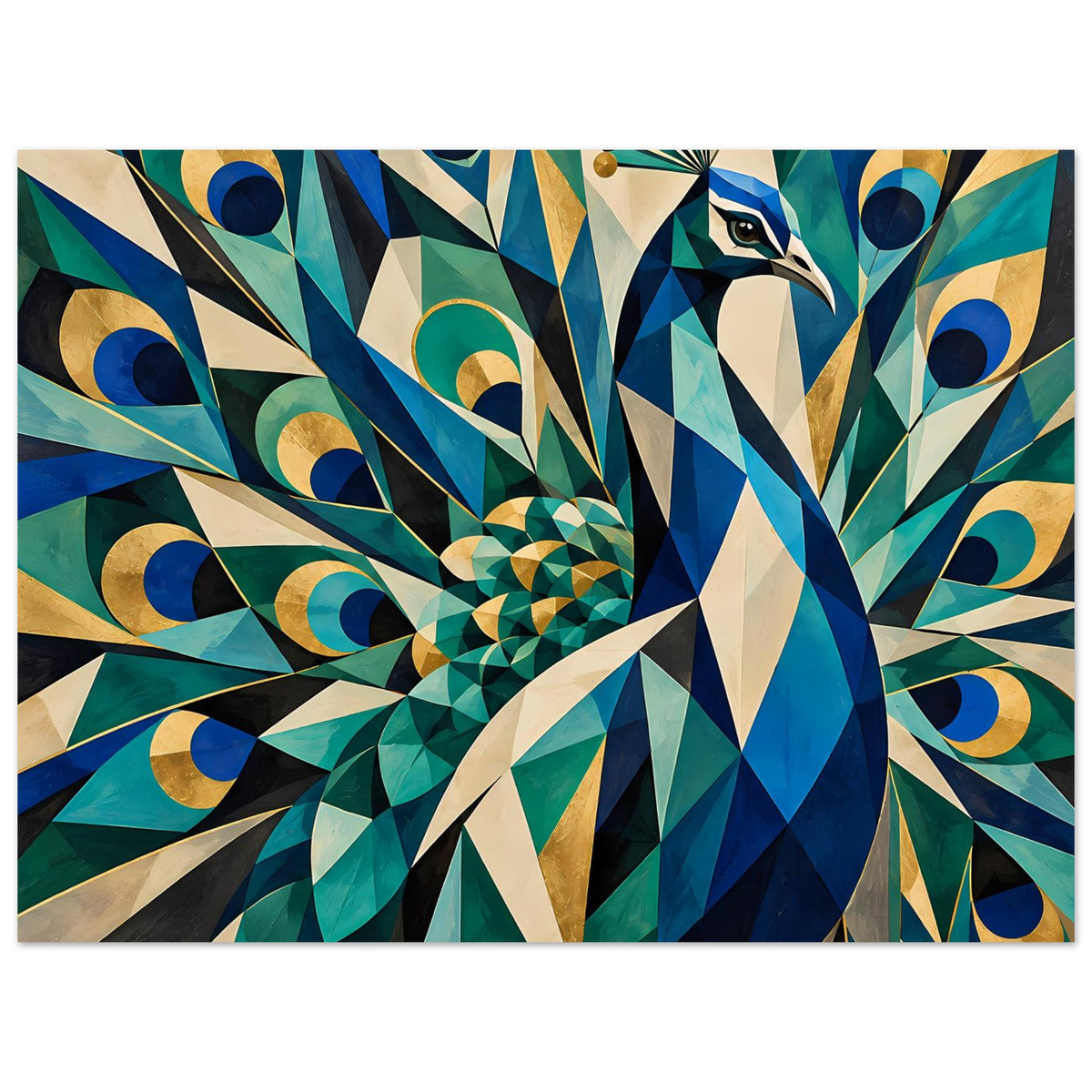 Querformat-Poster mit geometrischem Pfau, farbige Dreiecke in Blau und Gold