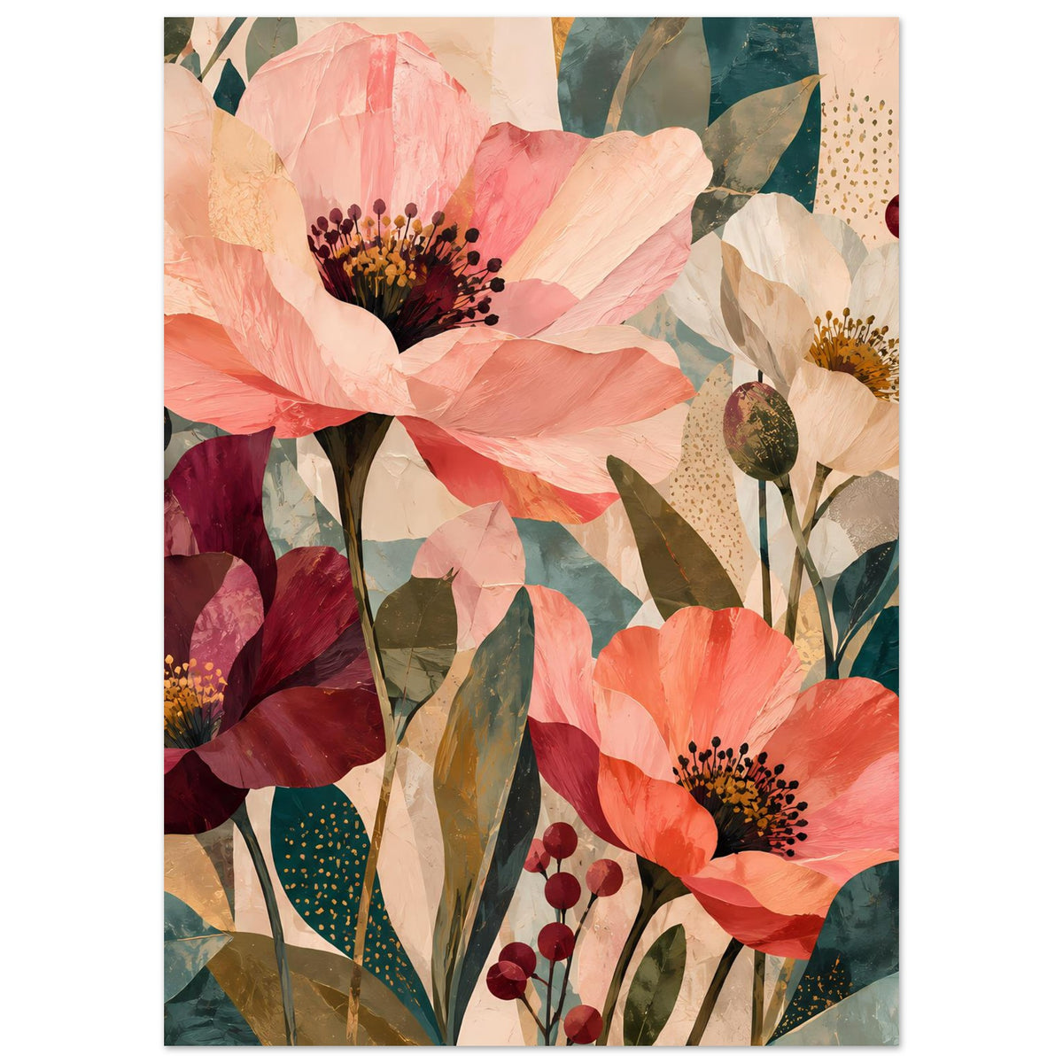 Blumenmotiv-Poster mit Korallen- und Weißblüten, beerenroten Stielen, grünen Blattspitzen