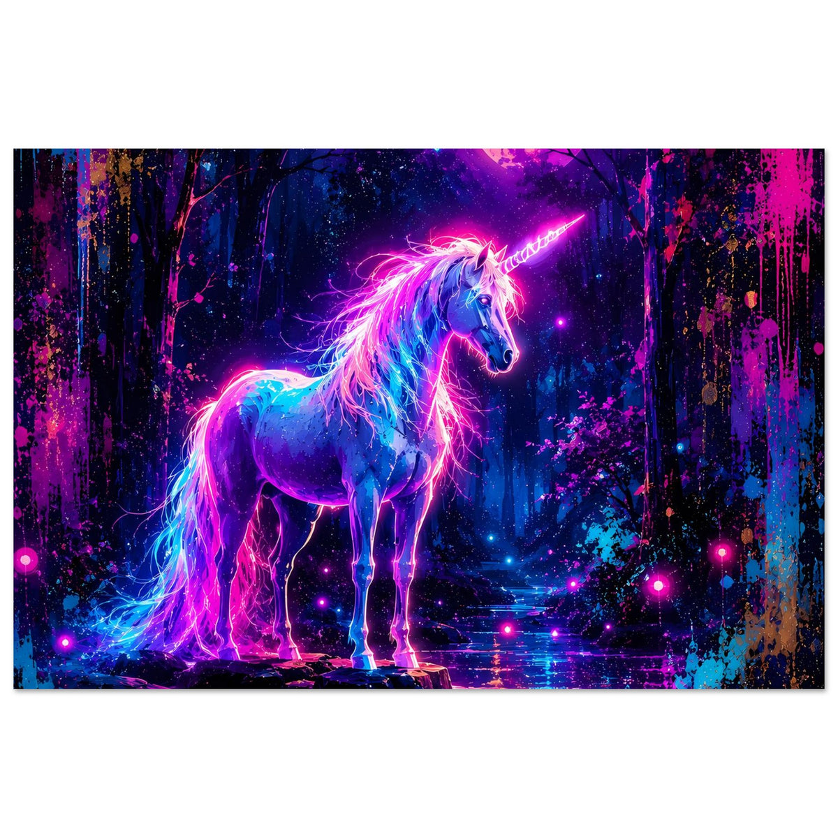 Neon-Einhorn-Poster: leuchtendes Einhorn im Wald, pinkes Lichtband über dem Rücken