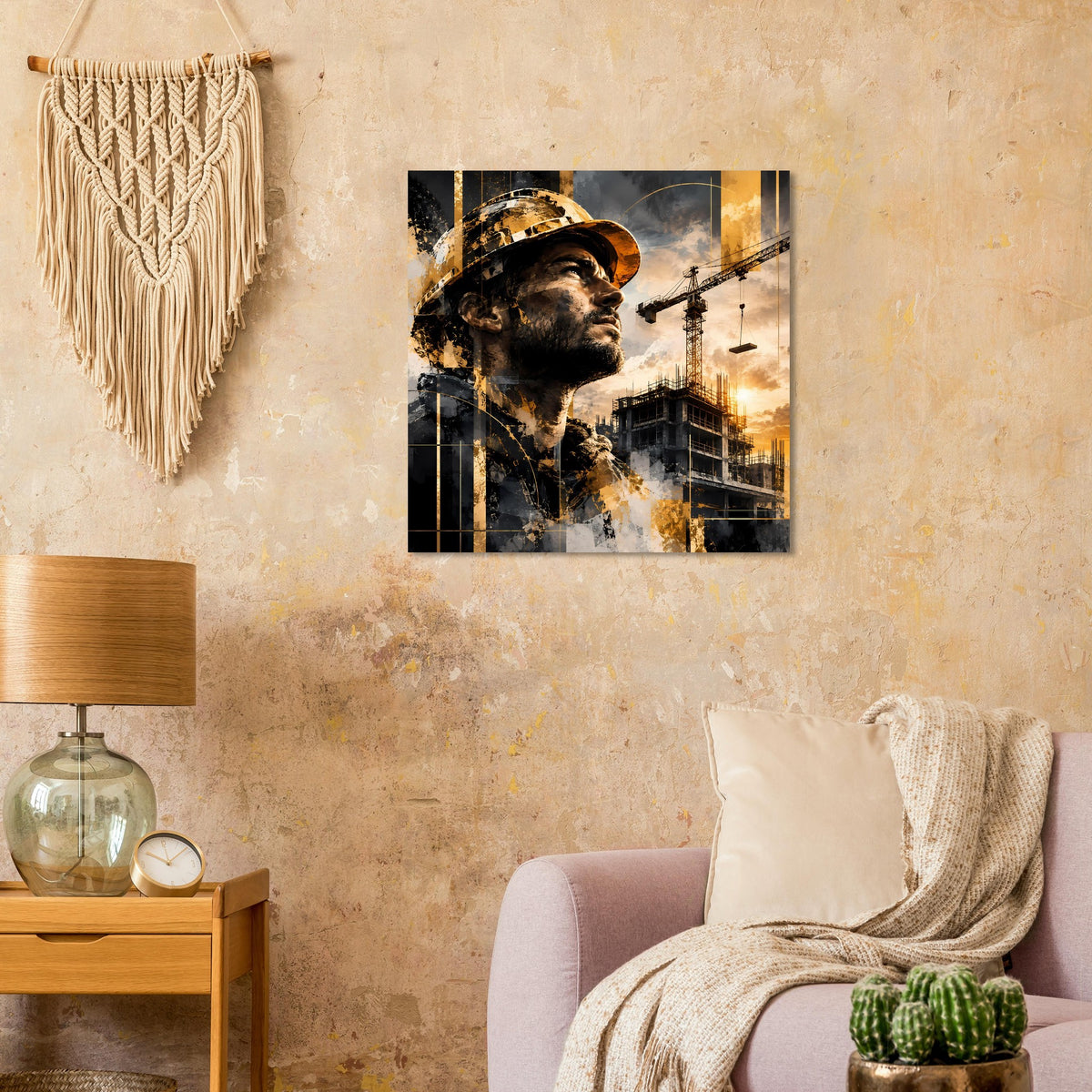 Poster im Querformat: Bauarbeiterkopf mit gold-grauer Farbwirkung, Baustelle mit Kränen