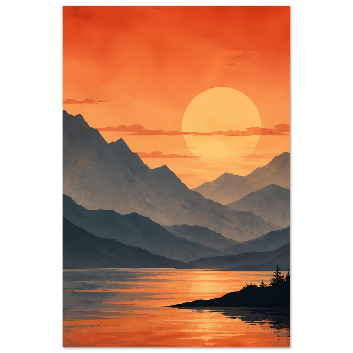 Hochformatiges Poster: orangefarbener Sonnenuntergang über Bergsee mit dunklen Bergsilhouetten