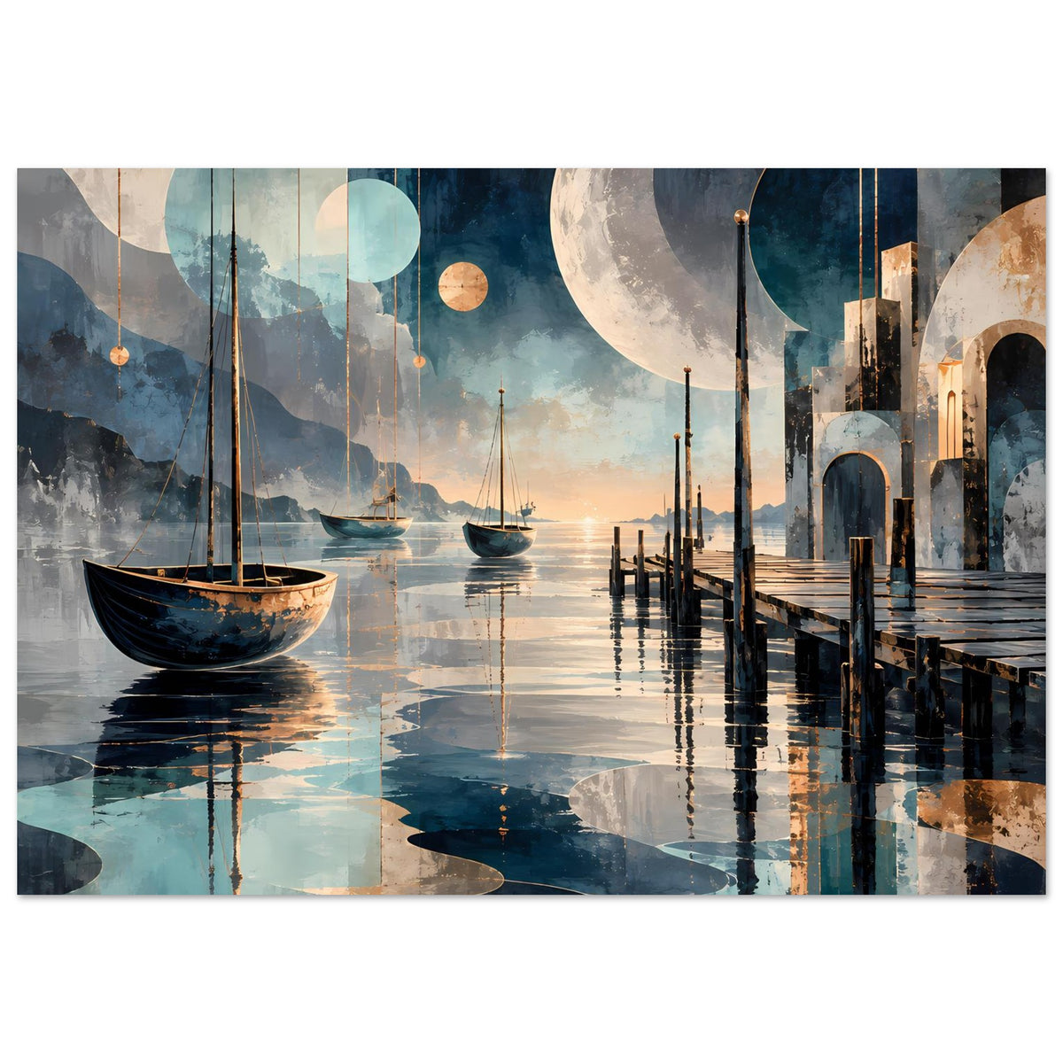 Maritimes Nachtposter mit Mondlicht, Stegen, Segelbooten und Reflexionen im Wasser