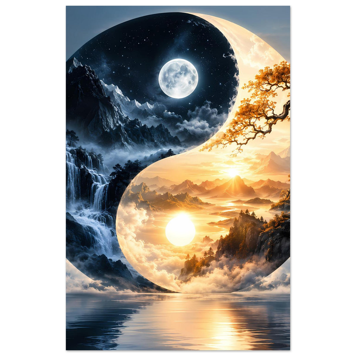 Yin-Yang-Landschaftsposter, Mond über Berglandschaft und Sonne über Sonnenaufgangstal