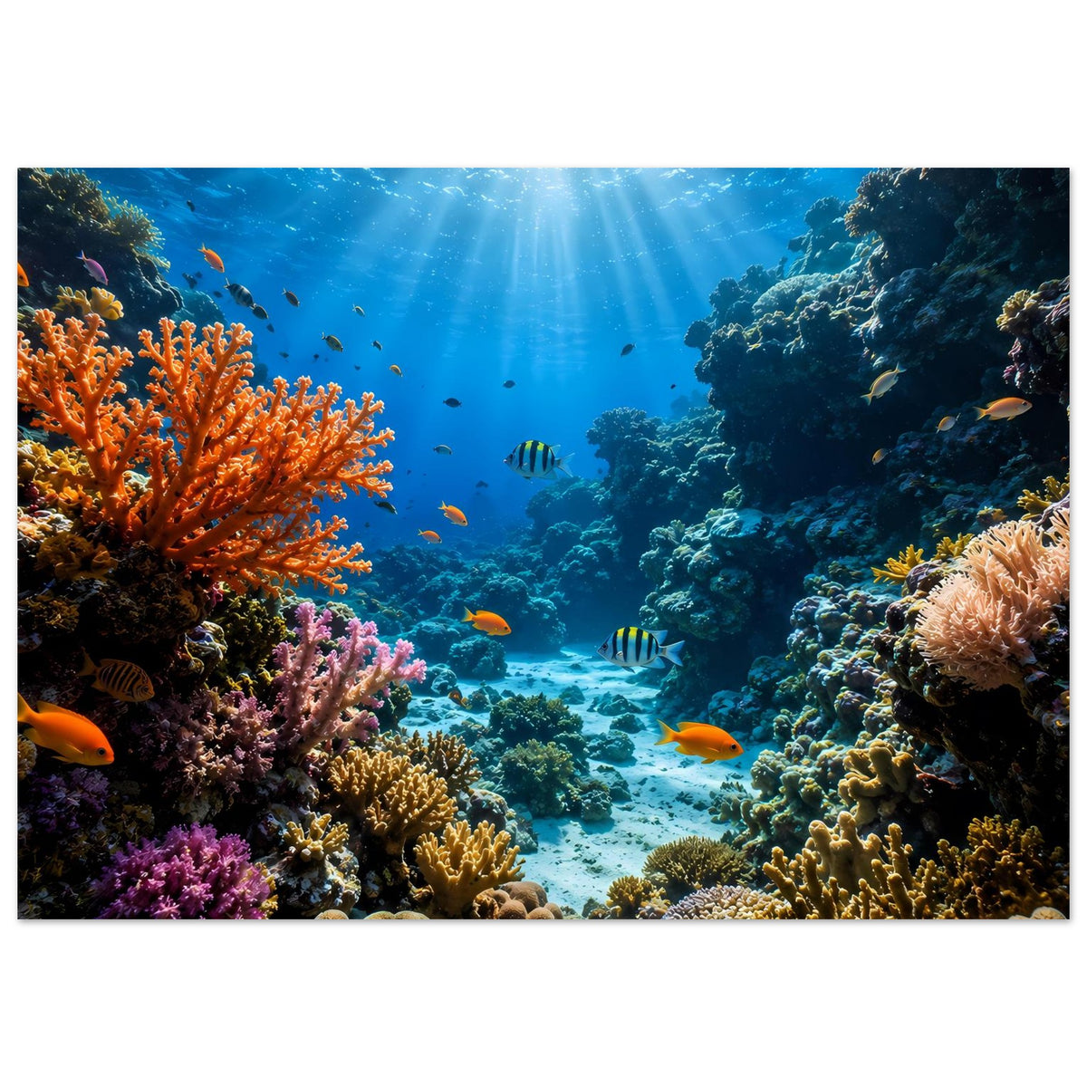Unterwasser-Poster mit Korallenriff: orange, lila und gelbe Korallen im Lichtkegel
