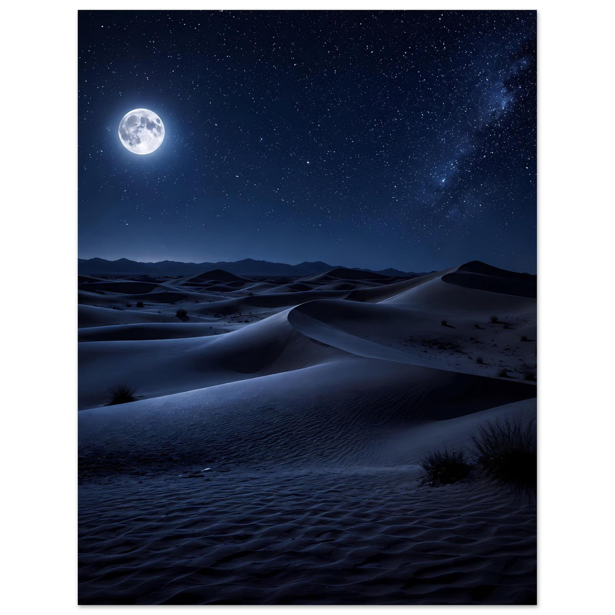 Poster im Hochformat: Mondlicht über Sanddünen, sternklarer Nachthimmel.