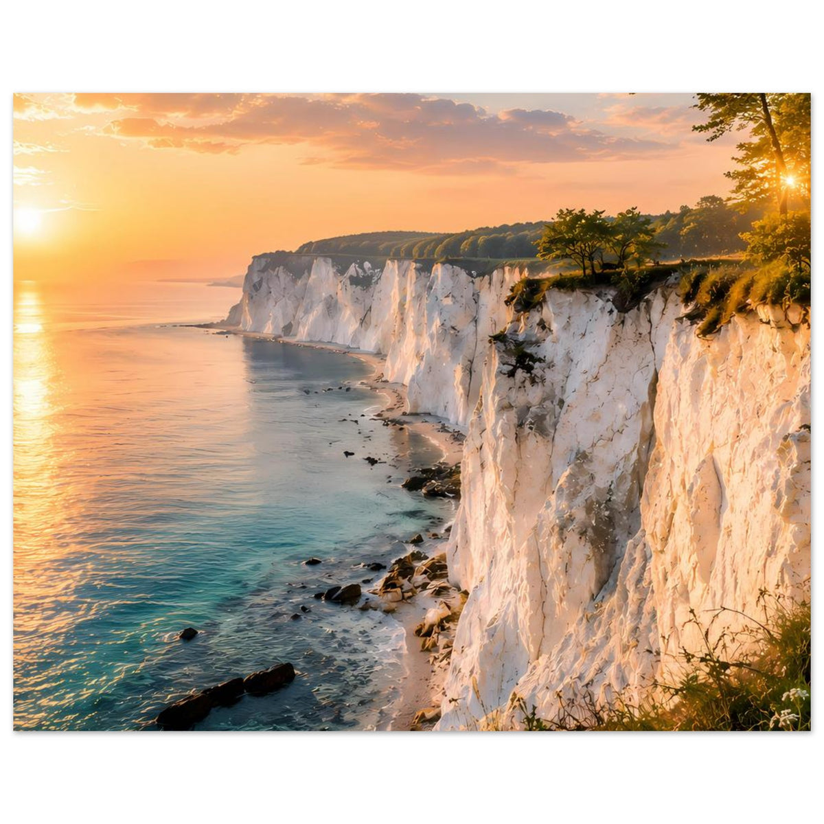Wandposter im Querformat: Steilküste am Meer bei Sonnenuntergang, türkisfarbene Brandung und Grün