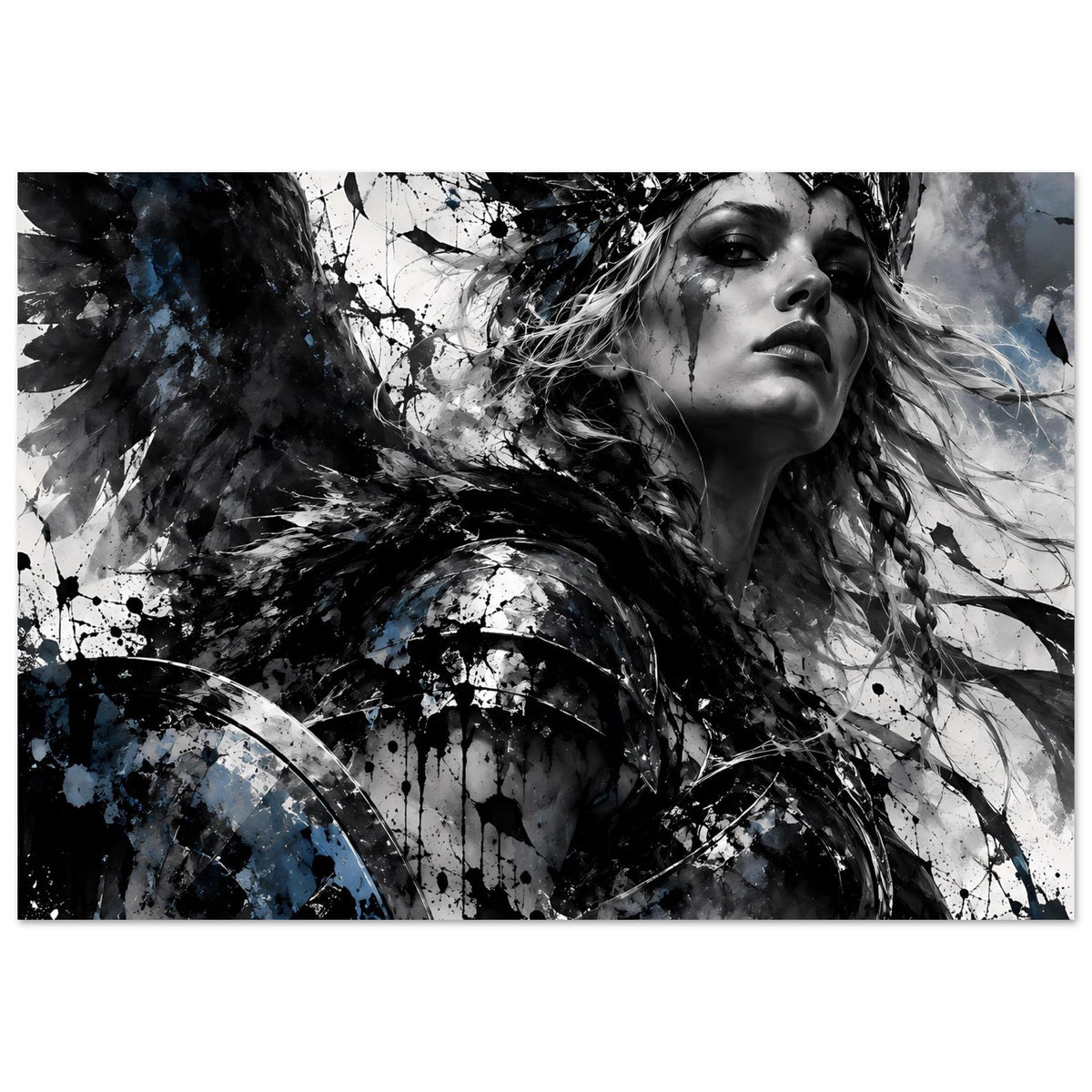 Wikingerkriegerin-Poster: Kriegerin mit Helm/Haarschmuck, Schwarzweiß mit blauen Spritzern