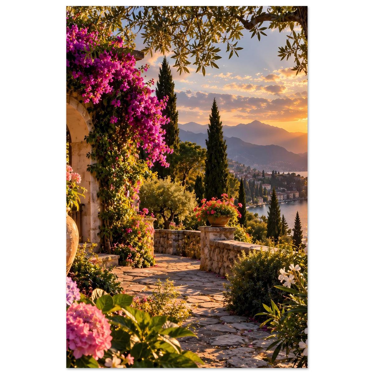 Poster im Hochformat: mediterraner Garten mit blühenden Pflanzen und Sonnenuntergang