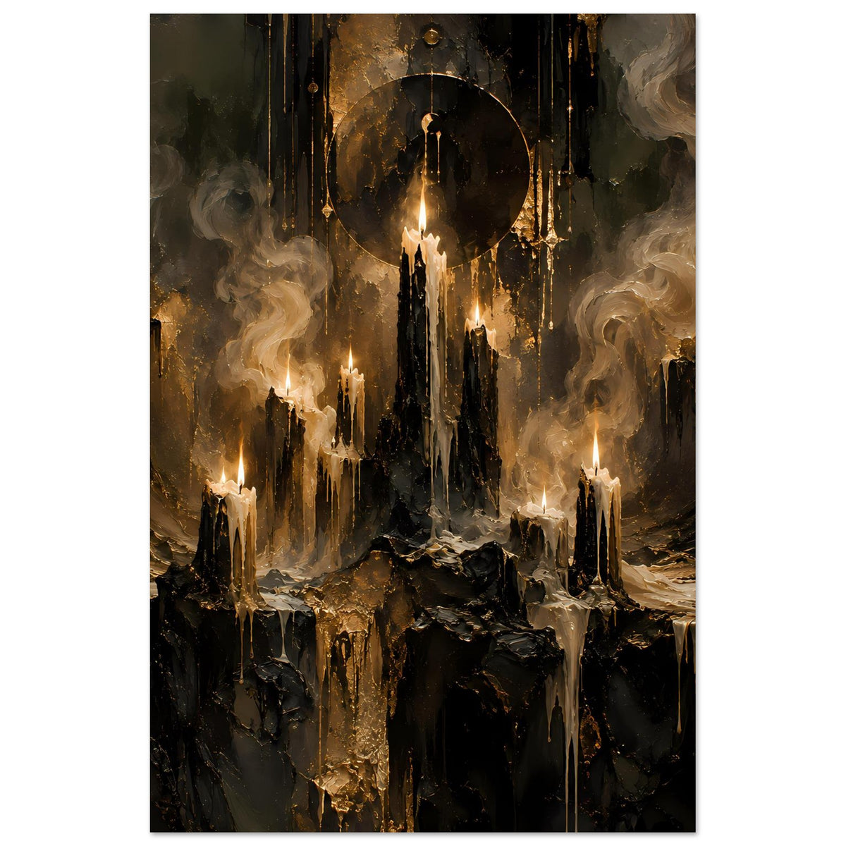 Fantasy-Poster im Hochformat: Kerzen im Dunkel, goldenes Portal und aufsteigender Rauch.