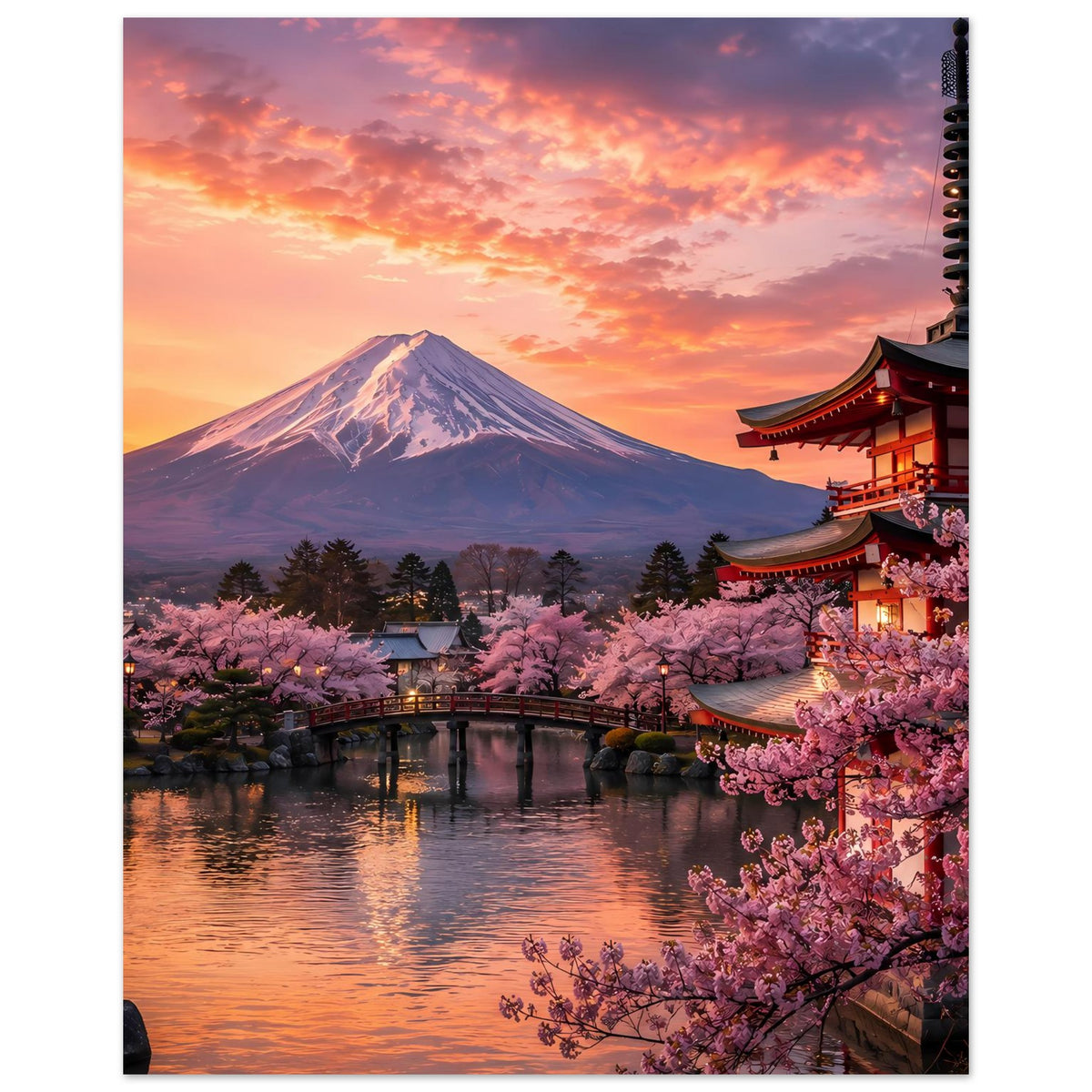 Poster mit Fuji-Berg, Kirschblüten und rotem Tempel rechts bei orangefarbenem Himmel