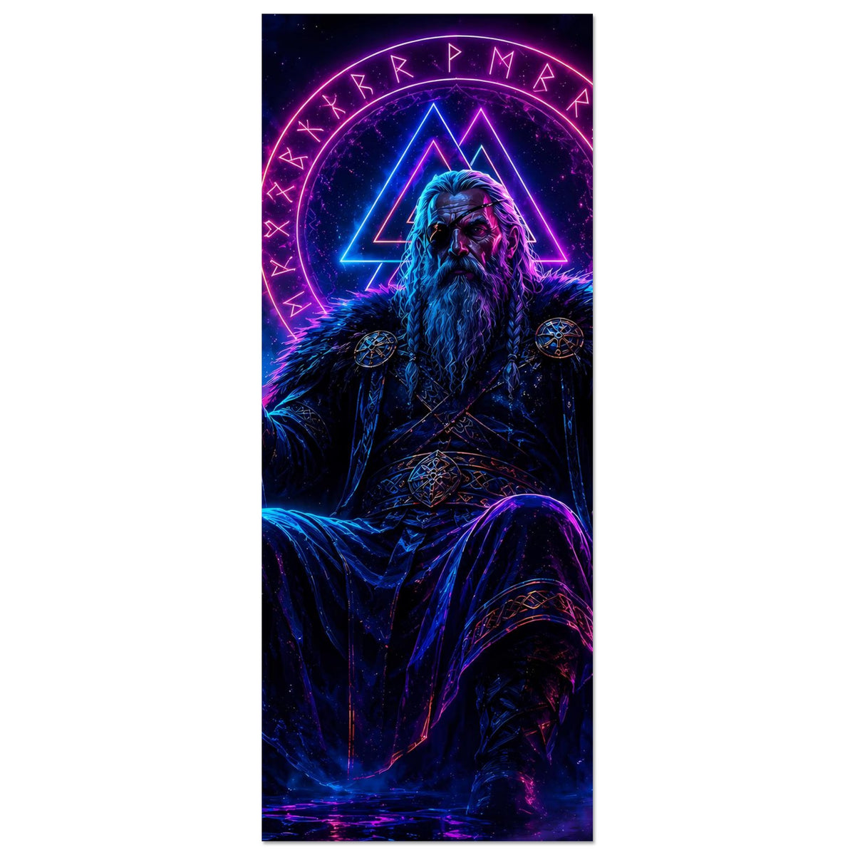 Fantasy-Poster (hochkant): Wikingerkönig mit Bart, Mantel, leuchtendes Runendreieck und Ring im Hintergrund