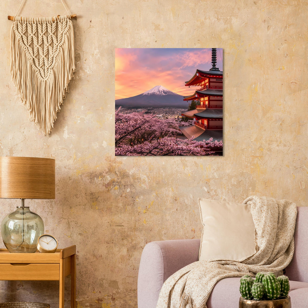 Wandposter mit Kirschblütenmeer, Fuji im Hintergrund und roter Pagode rechts