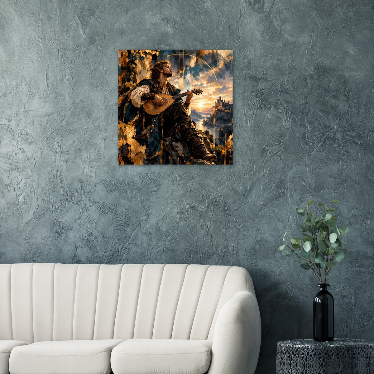 Fantasy-Barden-Poster mit Gitarrenspieler im Sonnenuntergang, quadratisch