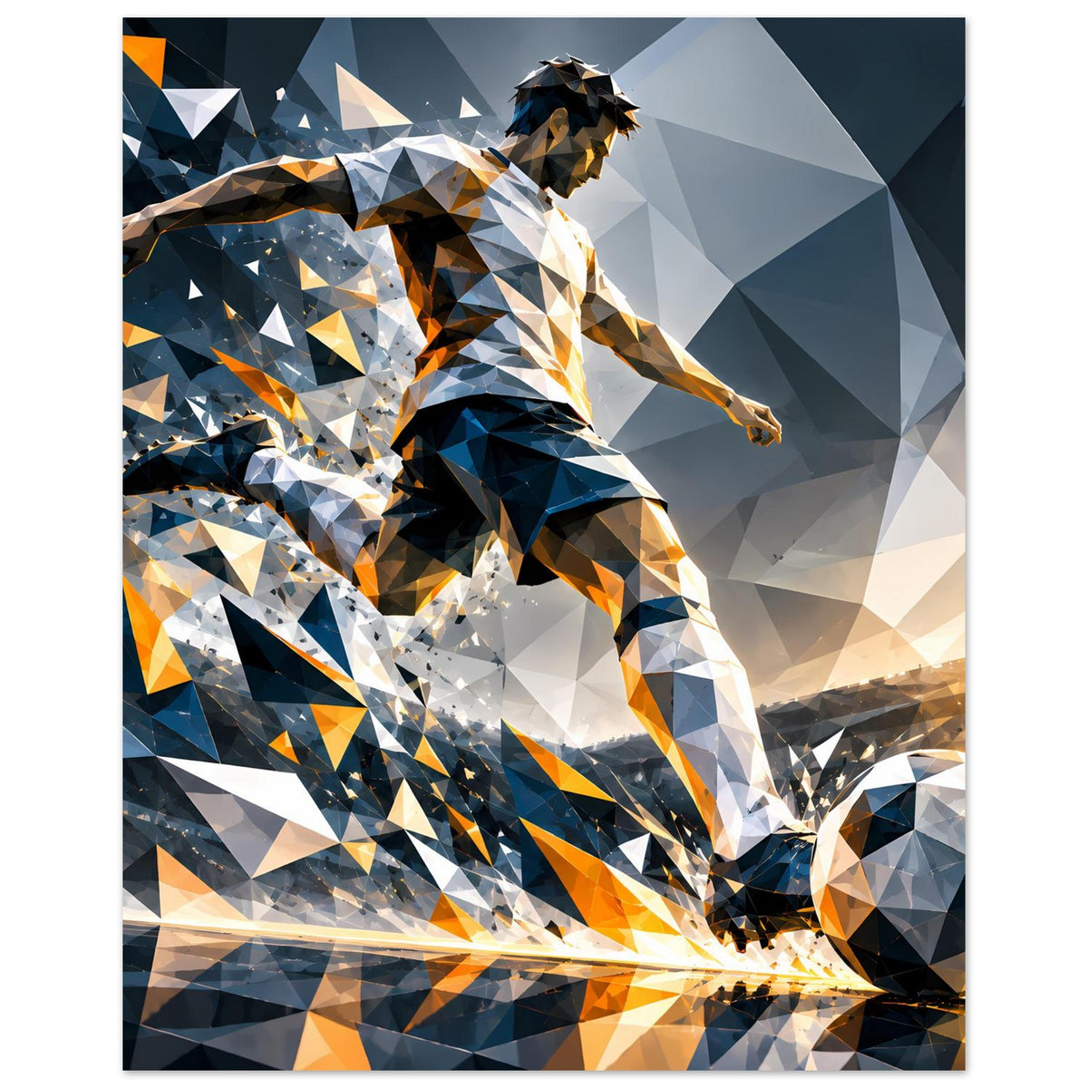 Fußballposter im Hochformat: Oberkörper im Fokus, Spielerportrait mit Blau-Orange-Geo-Optik.