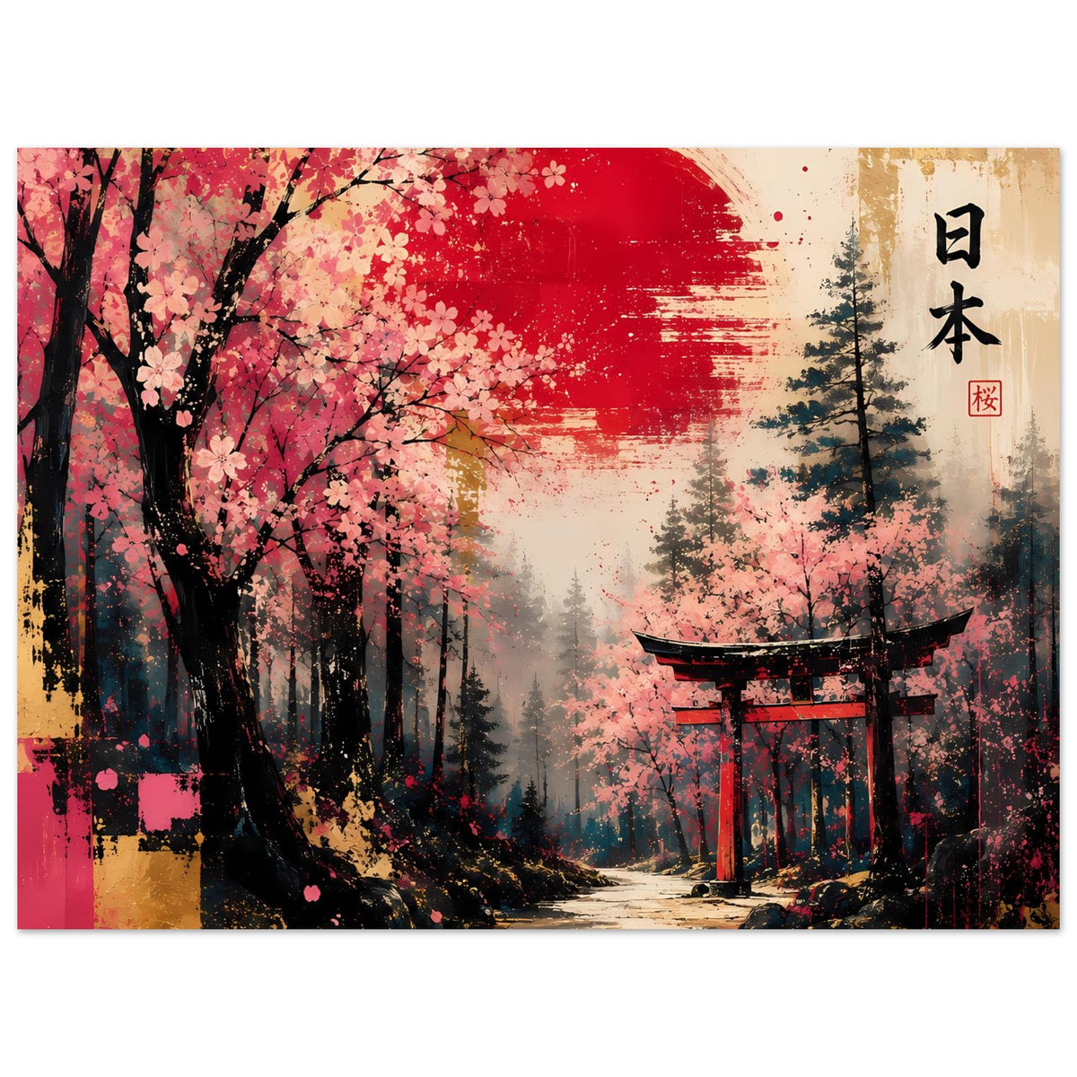 Poster mit Kirschblütenbaum, rotem Halbkreis und Torii vor dunklem Wald