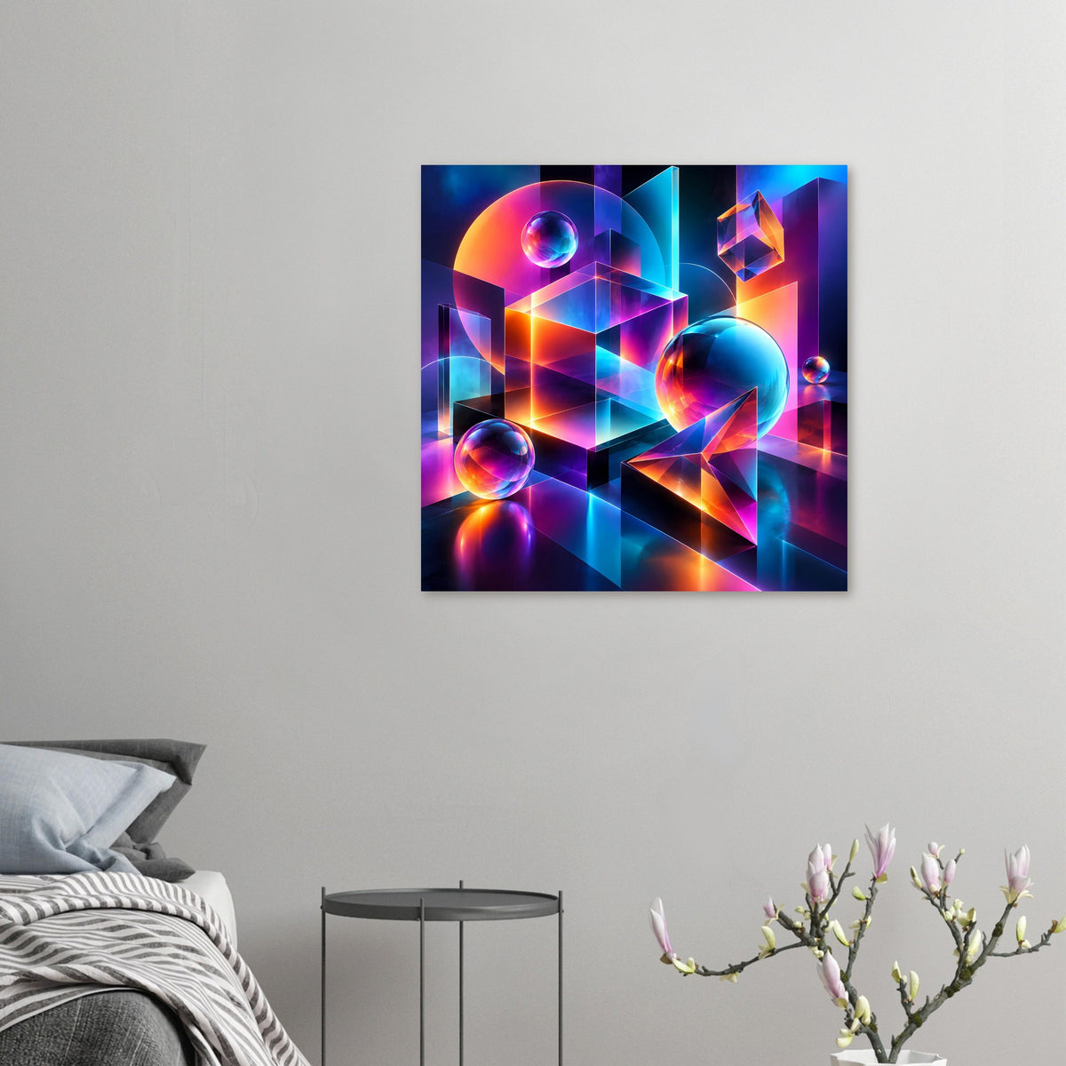 Neon-Geometrieposter mit abstrakten 3D-Formen, Glaskugeln und leuchtender Farbpalette