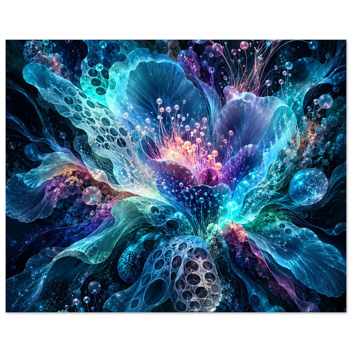 Querformatiges Blumenposter mit leuchtendem Blütenmotiv in Blau-Violett und Punktlichtern