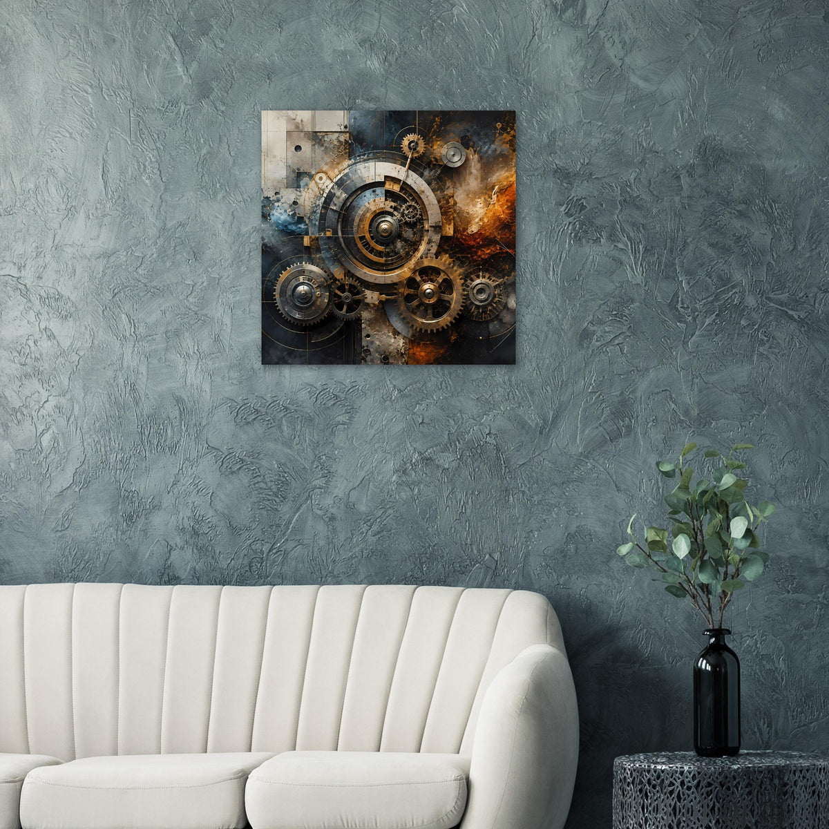 Steampunk-Poster mit zentralem Zahnradmechanismus und warmen Gold- und Blaunuancen