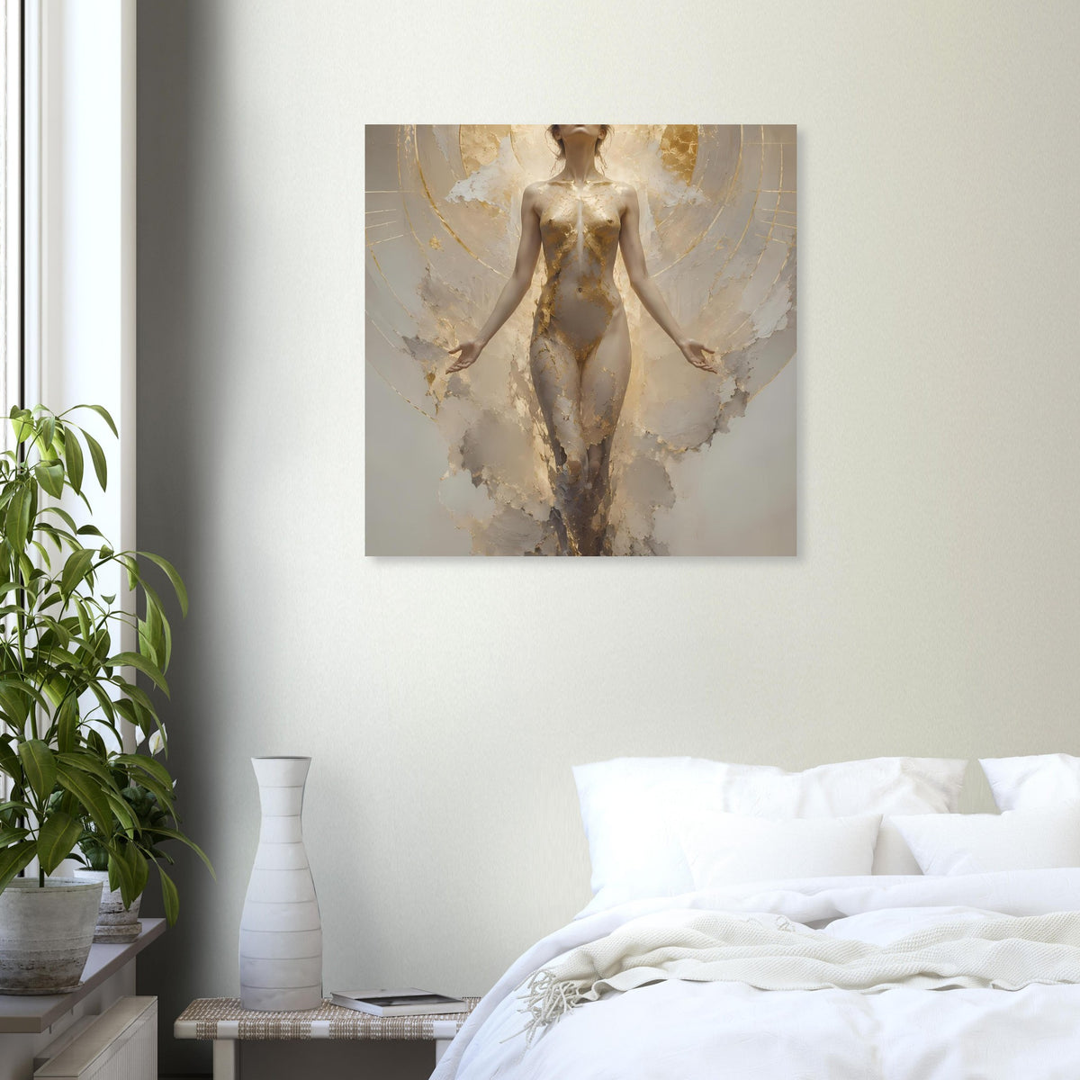 Poster mit schwebender Frau im Goldlook, Arme seitlich, schimmernder Creme-Untergrund