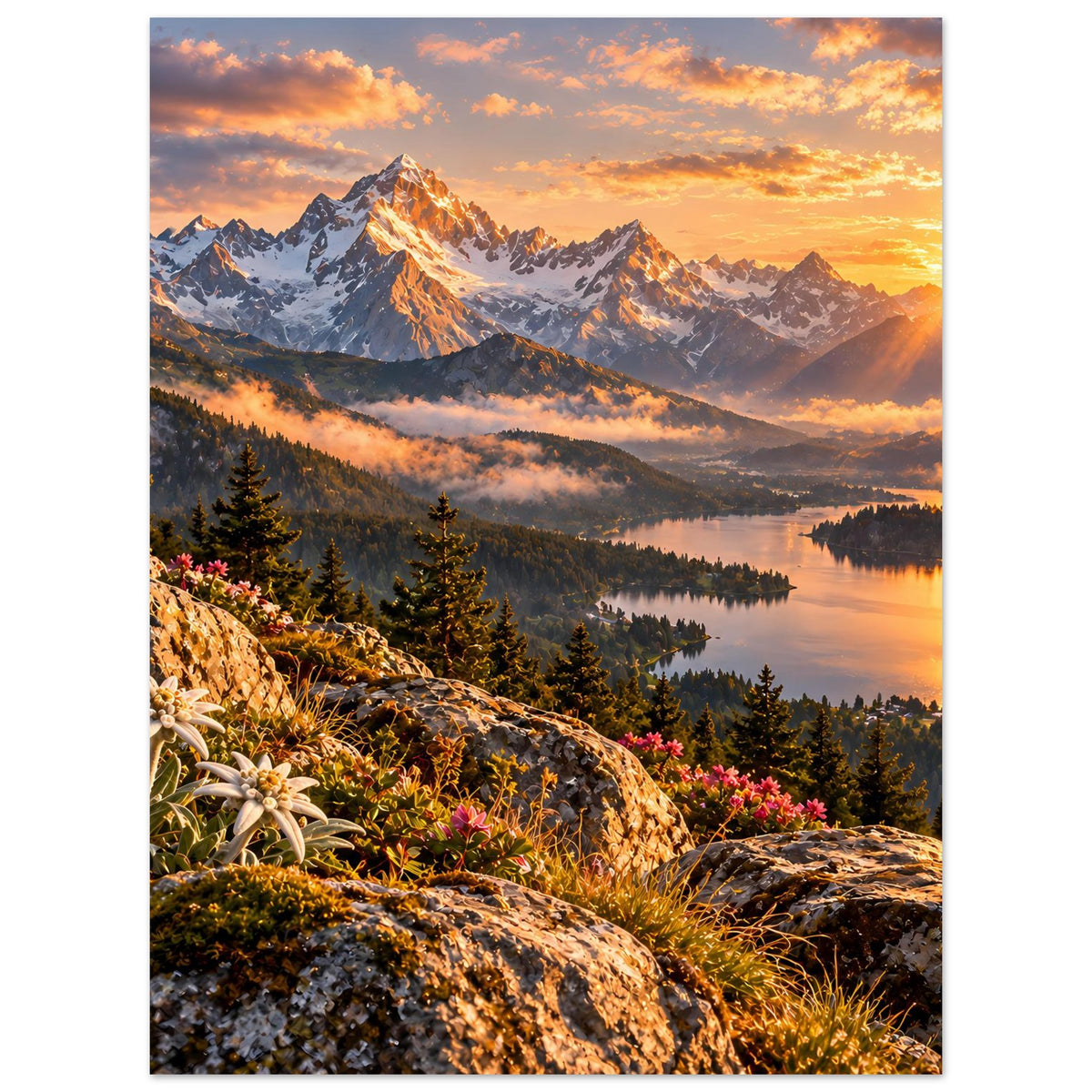 Poster im Hochformat mit Bergpanorama bei goldenem Sonnenuntergang und spiegelndem See