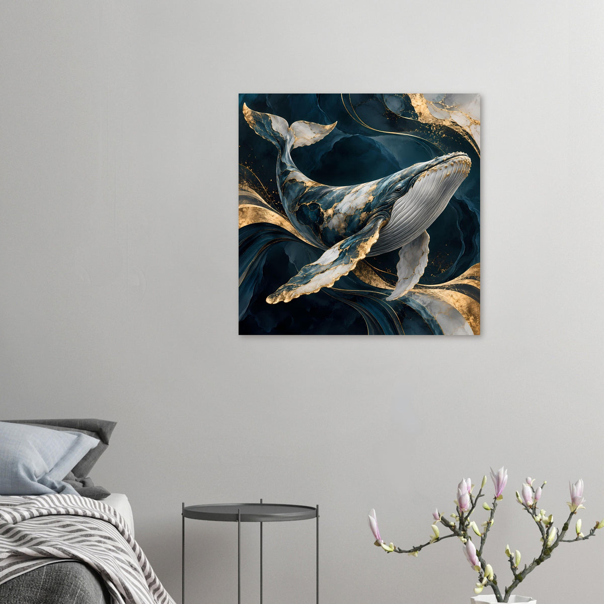 Kleines Poster im Querformat: Wal in Blau-Weiß mit goldenen Akzenten