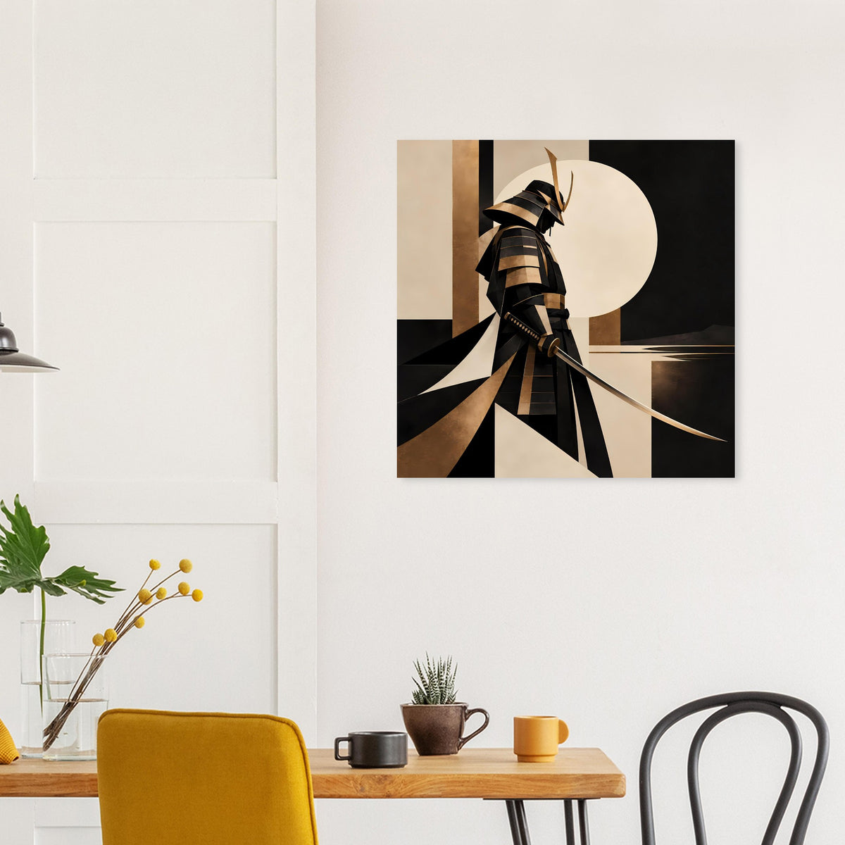 Quadratisches Kunstposter: Samurai-Silhouette mit goldenen Akzenten auf schwarzem Hintergrund
