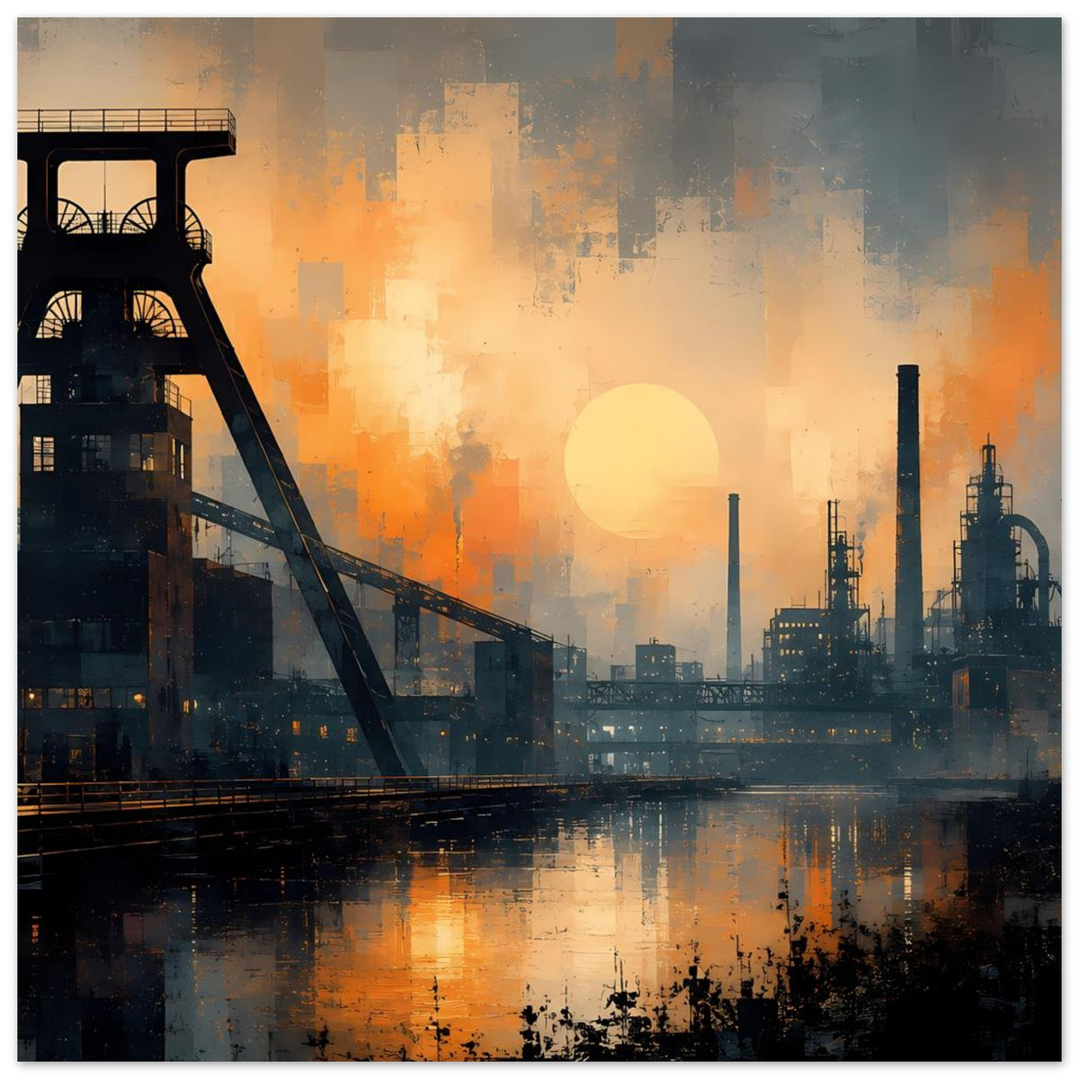 Industriepanorama Poster mit Fabrikschloten, orangefarbener Sonne und Spiegelung auf ruhigem Wasser