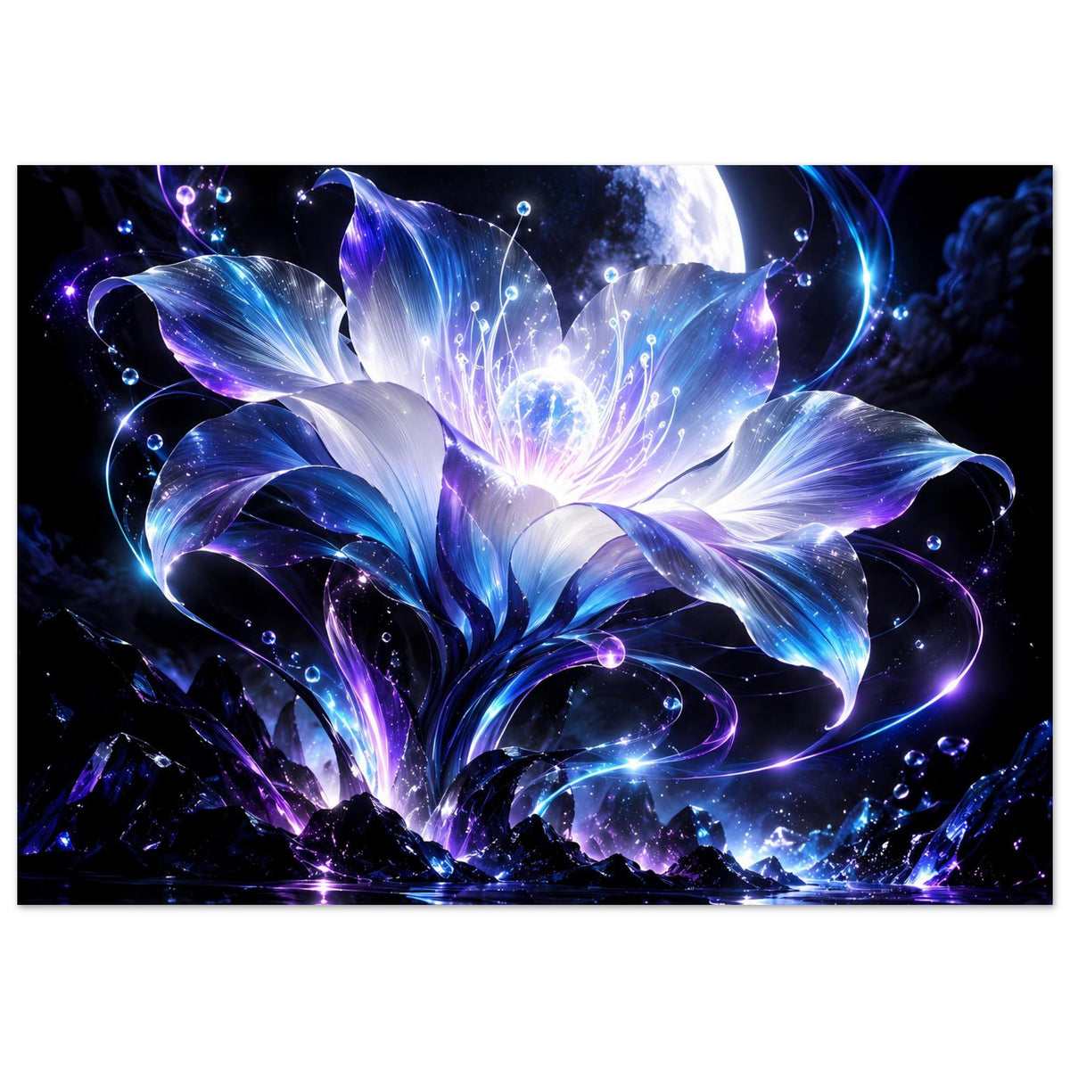 Gerahmtes Poster: leuchtende Fantasy-Blume in Blau und Violett mit Mondsilhouette