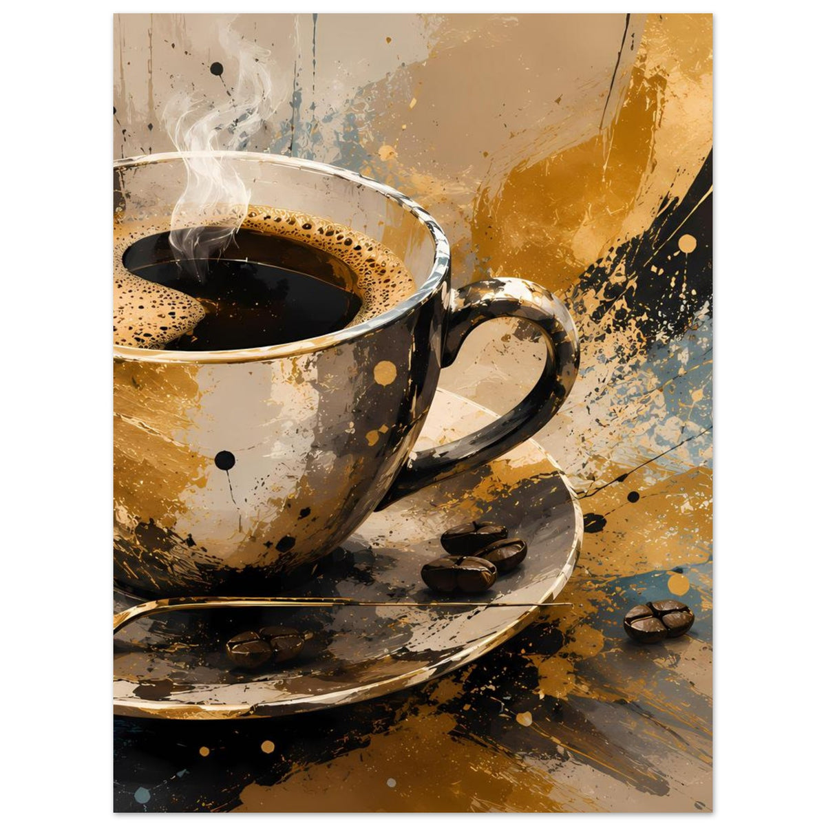 Kunstposter mit Kaffeetasse mit Dampf, Untertasse und Kaffeebohnen in Gold- und Schwarztönen