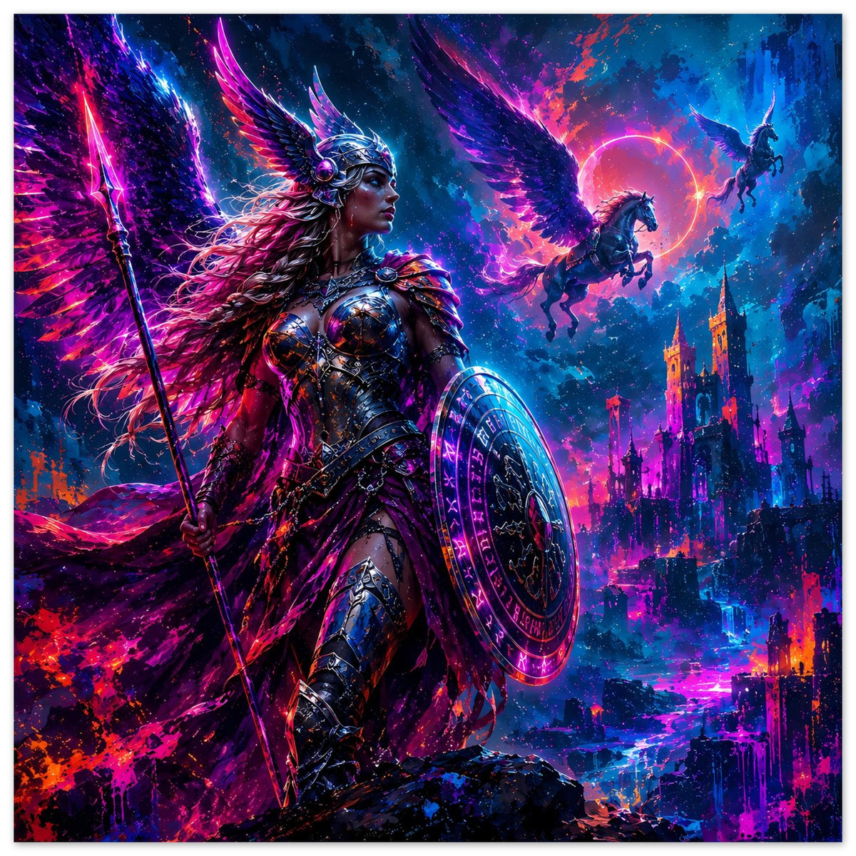 Fantasy-Poster mit Valkyrie im Rüstungslook, Speer, Rundschild und schwebender Figur im Hintergrund