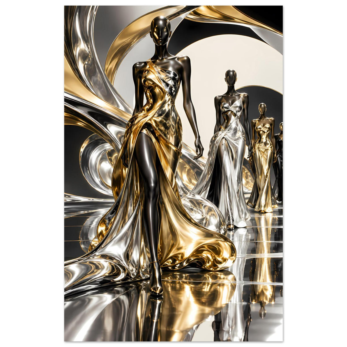 Poster mit Reihe eleganter Metallfiguren in Gold, Silber und Schwarz vor großem Kreis