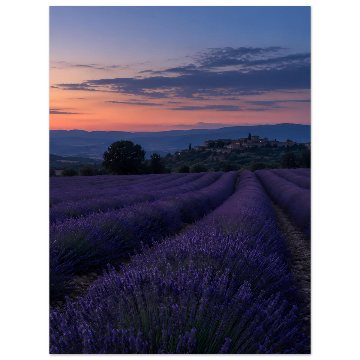 Vertikales, blau gerahmtes Poster mit Lavendelfeld, violettem Dämmerlicht und Sonnenuntergang