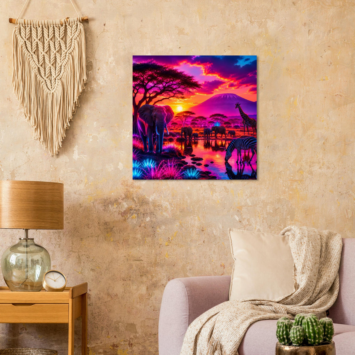 Quadratisches Poster mit Elefanten, Giraffe und Zebra in buntem Sonnenuntergang