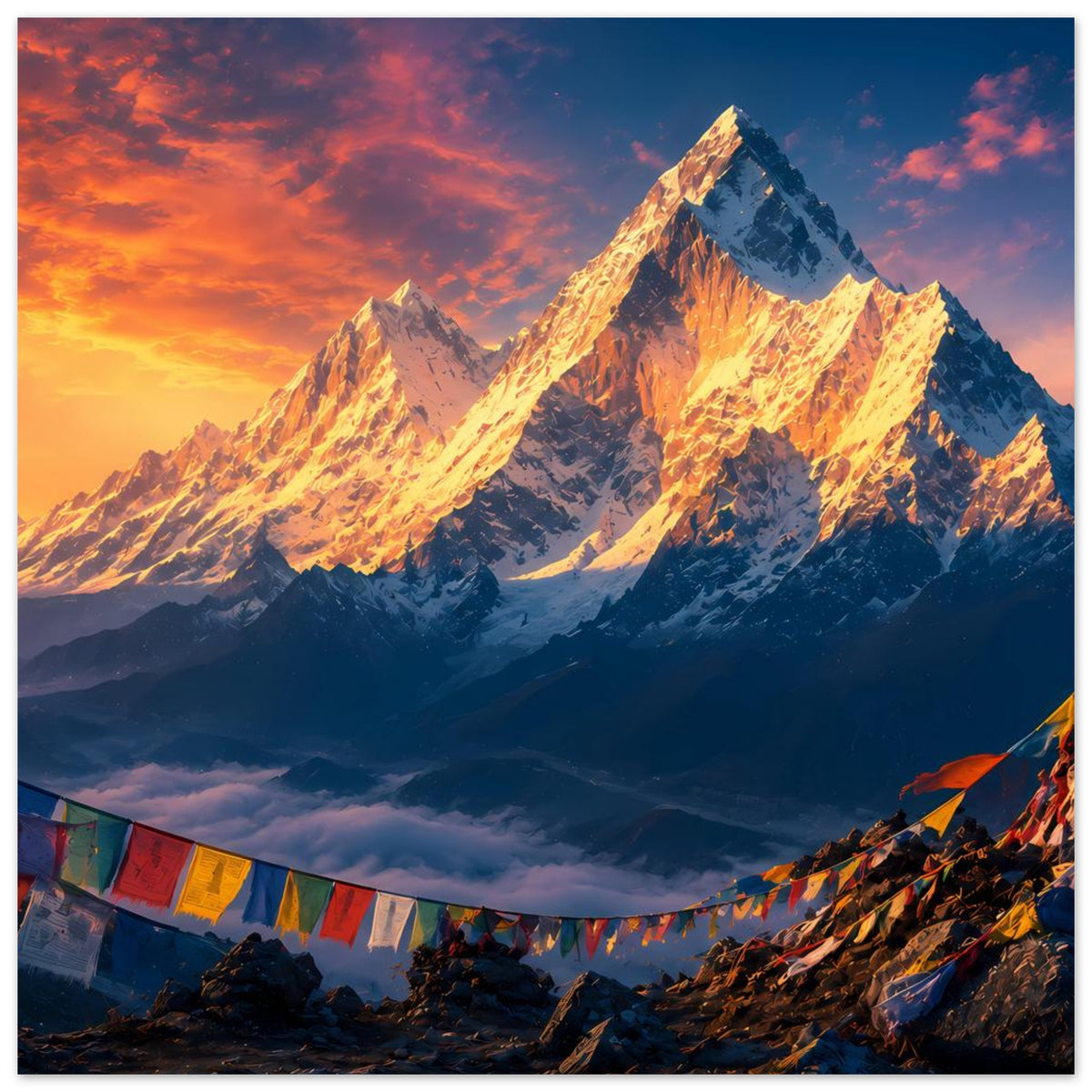 Poster mit Himalaya-Sonnenaufgang: goldene Felsgrate, dunkles Gebirgstal, Wimpelband unten
