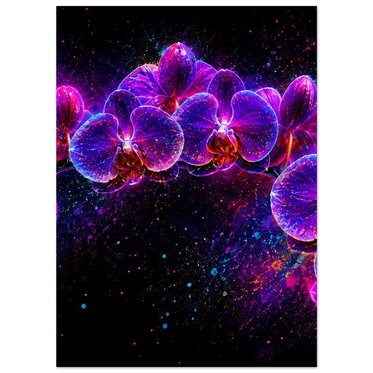 Abstraktes Blumenposter mit leuchtenden Neon-Orchideen in Pink und Violett, zentrale Reihe