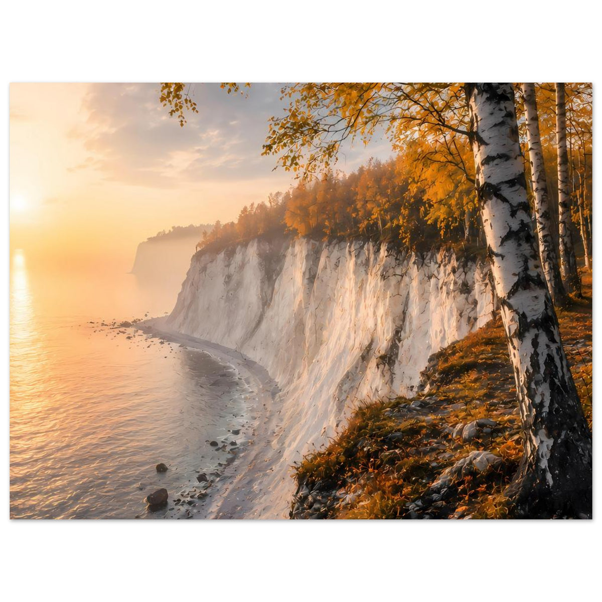 Herbstliches Poster im Querformat: Klippenküste mit Birken, Steigweg und Abendsonne