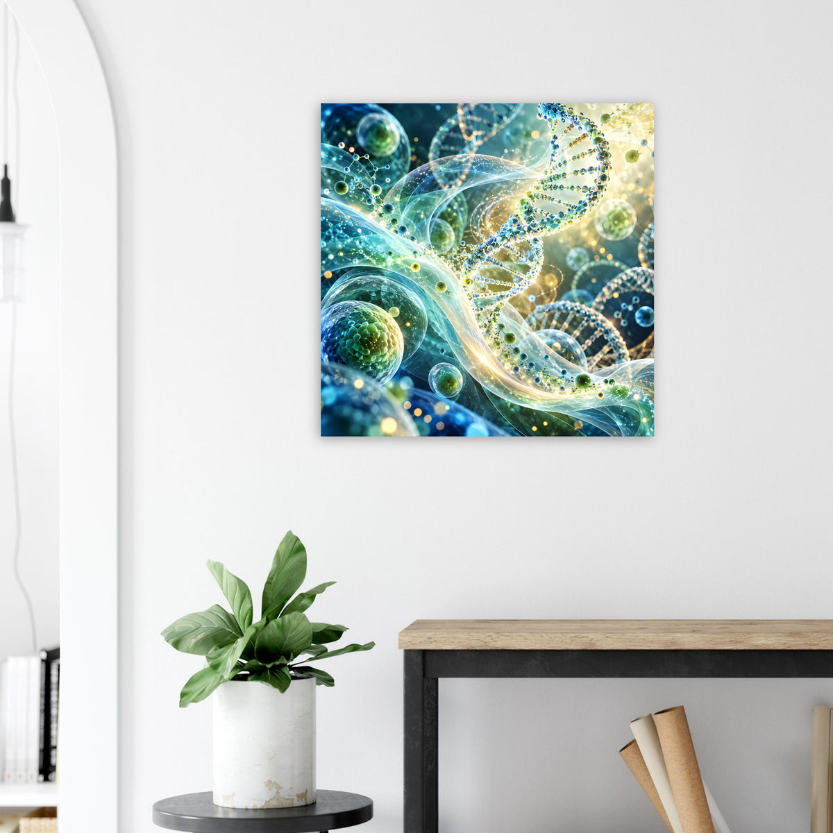 Quadratisches DNA-Poster mit abstrakter, leuchtender Doppelhelix und wellenförmigen Bahnen
