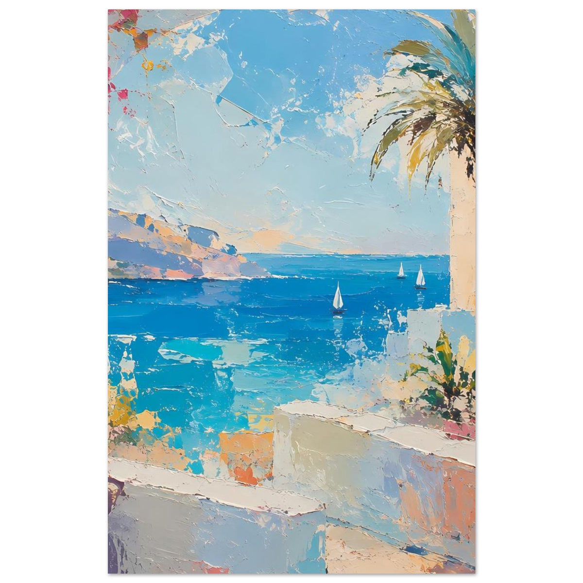 Sommerposter mit blauem Meer und Segelbooten, Palme rechts, helle Terrassenmauer im Vordergrund