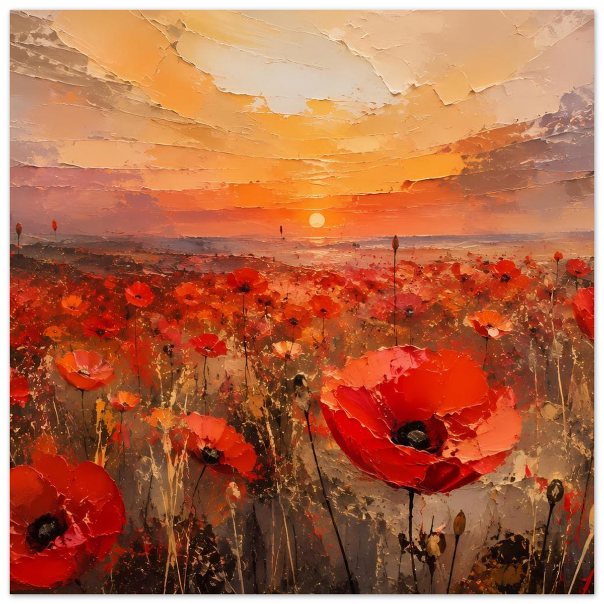 Poster mit Mohnlandschaft bei Sonnenuntergang, roten Blüten und orangeem Lichtkreis