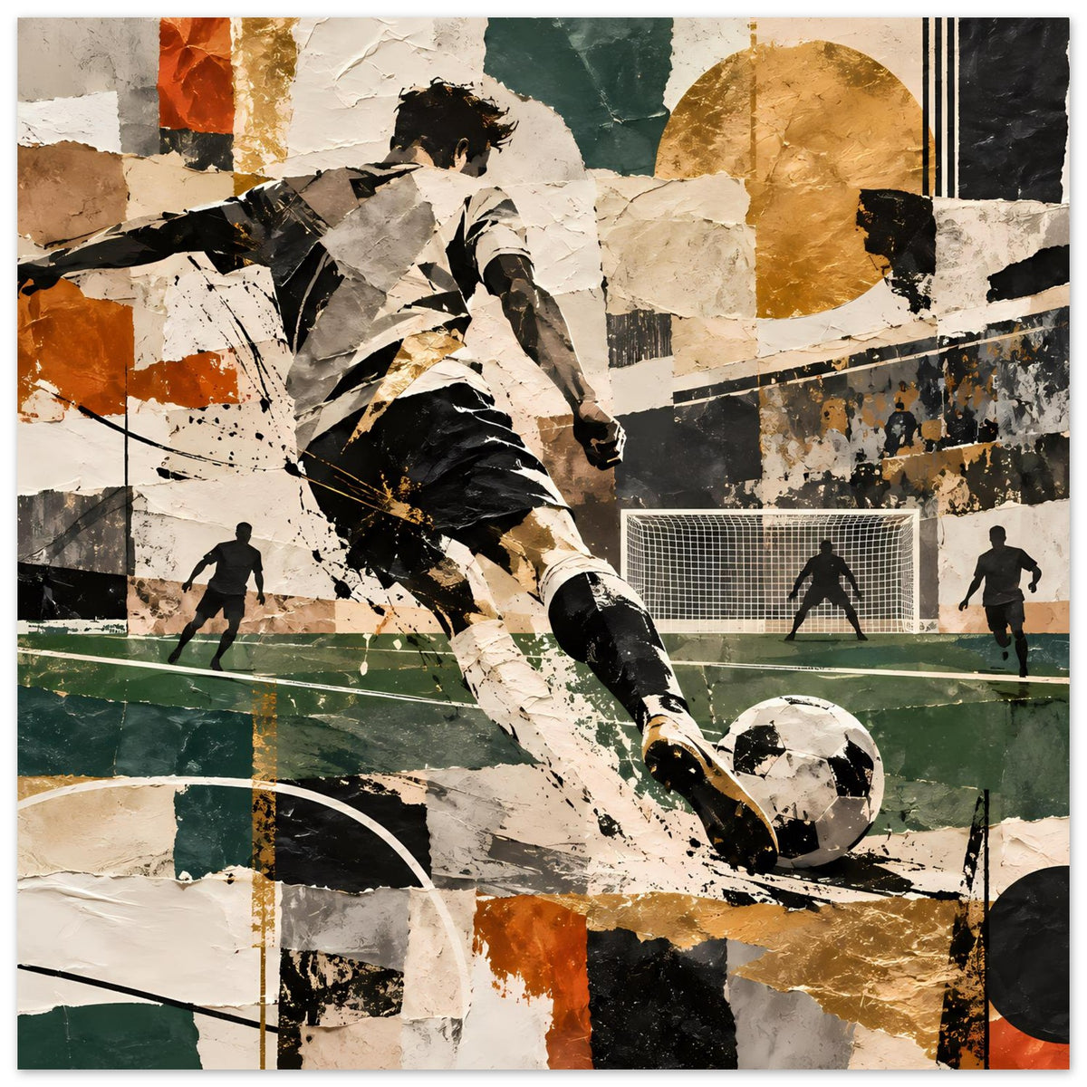 Fußball-Actionposter im Querformat mit abstraktem Schuss, Ball und Tor im Hintergrund